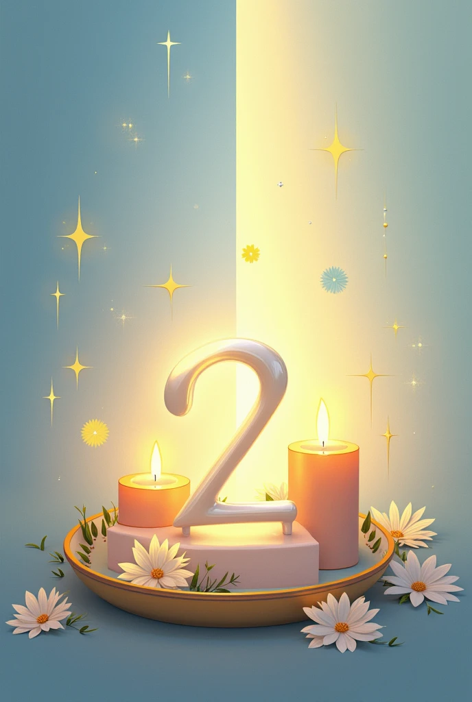 Create an image divided into two parts that complement each other. At the center, Highlight the number "2" stylised, with a slight glow around. Design should include Catholic elements, like two lit candles, symbolizing unity and faith, placed next to the number "2". Add delicate details like small flowers or stars around the candles, reinforcing the idea of duality and partnership. The background must be harmonious, using soft shades of sky blue and gold, creating a sense of continuity from the first month. Each half of the image should be meaningful in its own right., But Together, they reveal the connection and harmony between the two.