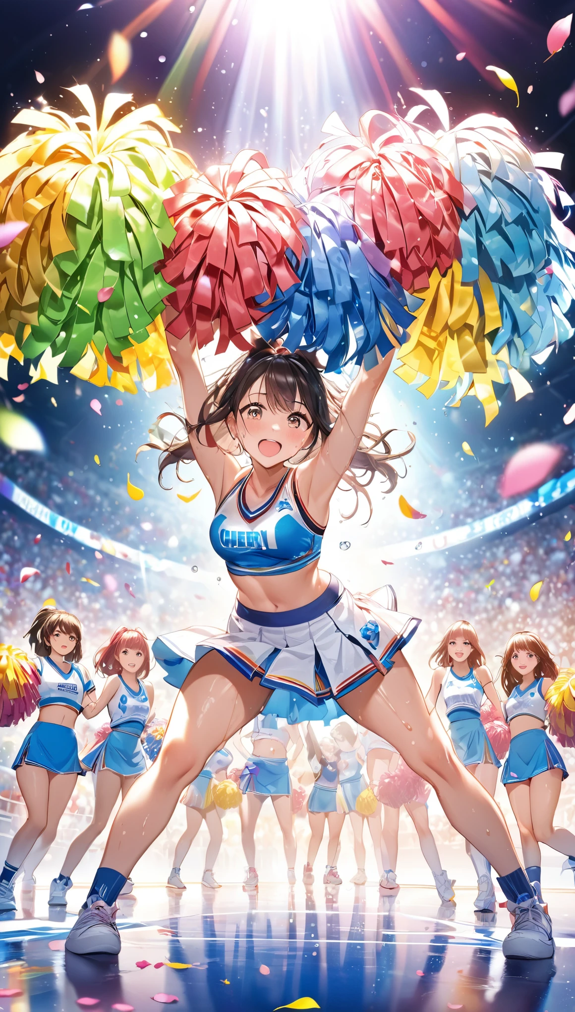 (Sports magazine cover photo), Highest quality, Great quality, 16K, Unbelievably absurd, Very detailed, delicate and dynamic, Natural light, The particles reflect light, Diffuse reflection of light, Many rainbow-colored petals fall, Beautiful stage, Sparkling Sun, Diffuse reflection of light, Create amazing image effects, Cheer girl, Wet, sweating, Cheerleading, Holding pom-poms, Dancing, Close-up(Cute sexy girl, big bouncing busts, Sensual expression, Cool girl, Serious, passion, Dynamic, cheerleading uniform, audience ,much-air-laden cheer)