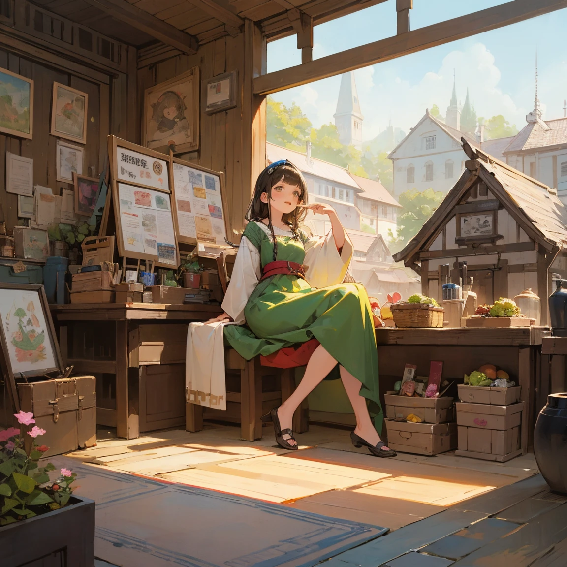 Illustrations for children's picture books,realistic, detailed illustration,A serene town center with a plump, friendly-looking witch in her 50s as the focal point. She has a warm, kind expression and is wearing colorful, whimsical clothes befitting a magical character. The witch is holding up a wooden sign that reads 'Happy Bento Shop' in Japanese characters, decorated with cute food illustrations. Around her, curious townspeople of various ages are gathering, their faces showing interest and excitement. Some are pointing at the sign, others are whispering to each other. The overall atmosphere is warm and inviting, with a touch of magic in the air, suggested by subtle sparkles around the witch and her sign, (focus on lunch box:1.2)., hand-painted style, digital art touch,(illustration:1.5), (Watercolor:1,2)