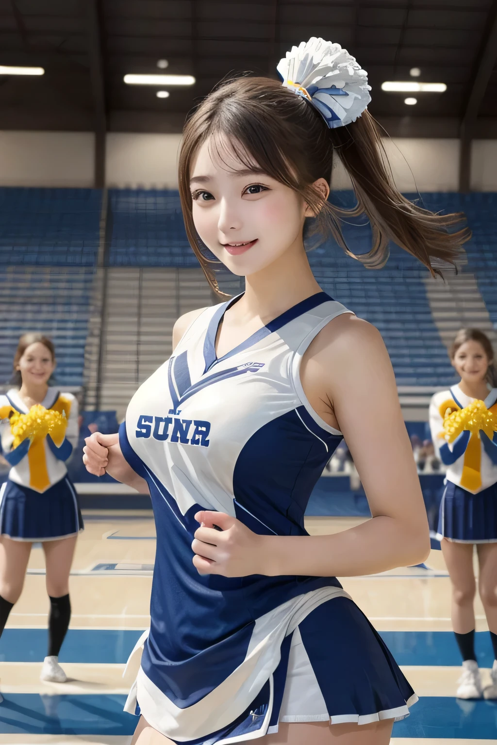 One Girl, 1 person,Highest quality,High resolution,超High resolution,8k,Realistic,Upper Body,encounter_audience,Large Breasts, the body is slim,(cheer Girl:1.2),