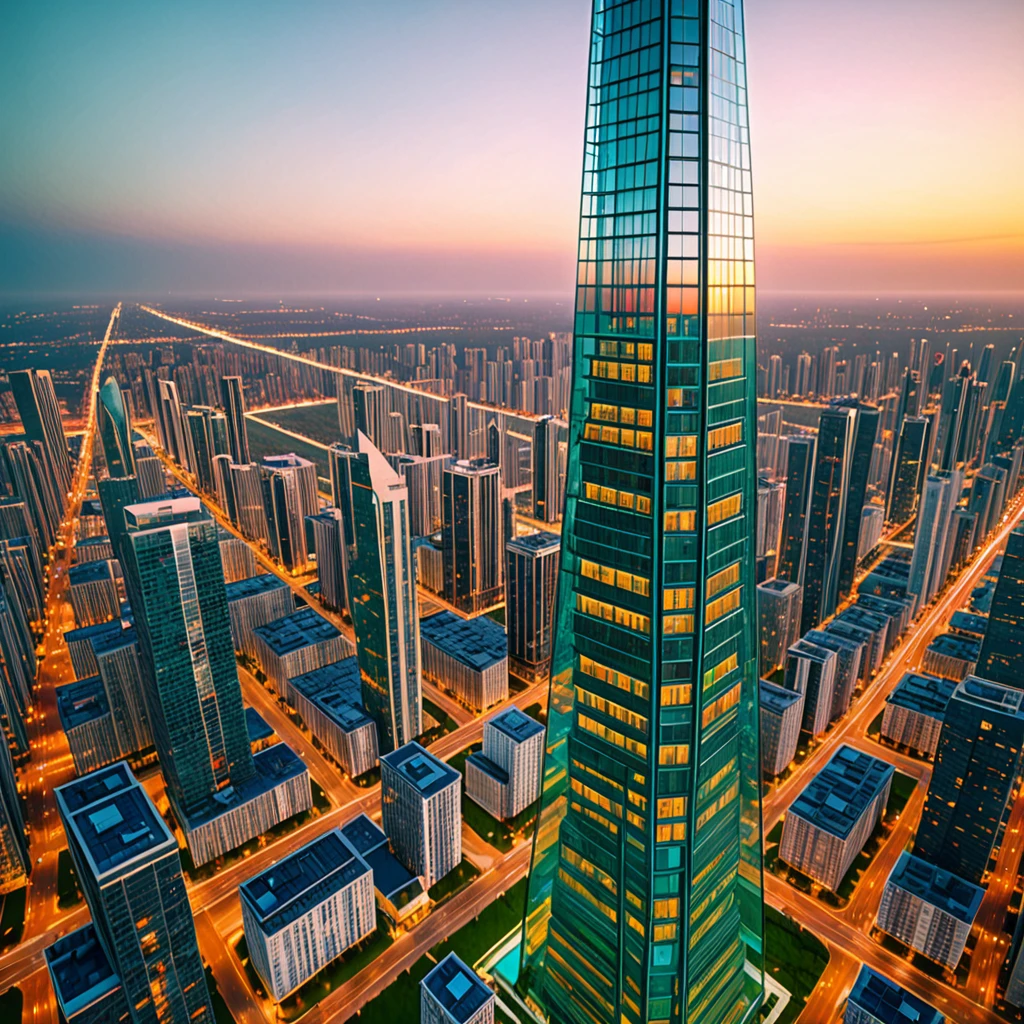 very gigantic glass apartment skyscraper, obelisk shape, solarpunk style, aerial view, ultra detailed,HD,8k,soft lighting