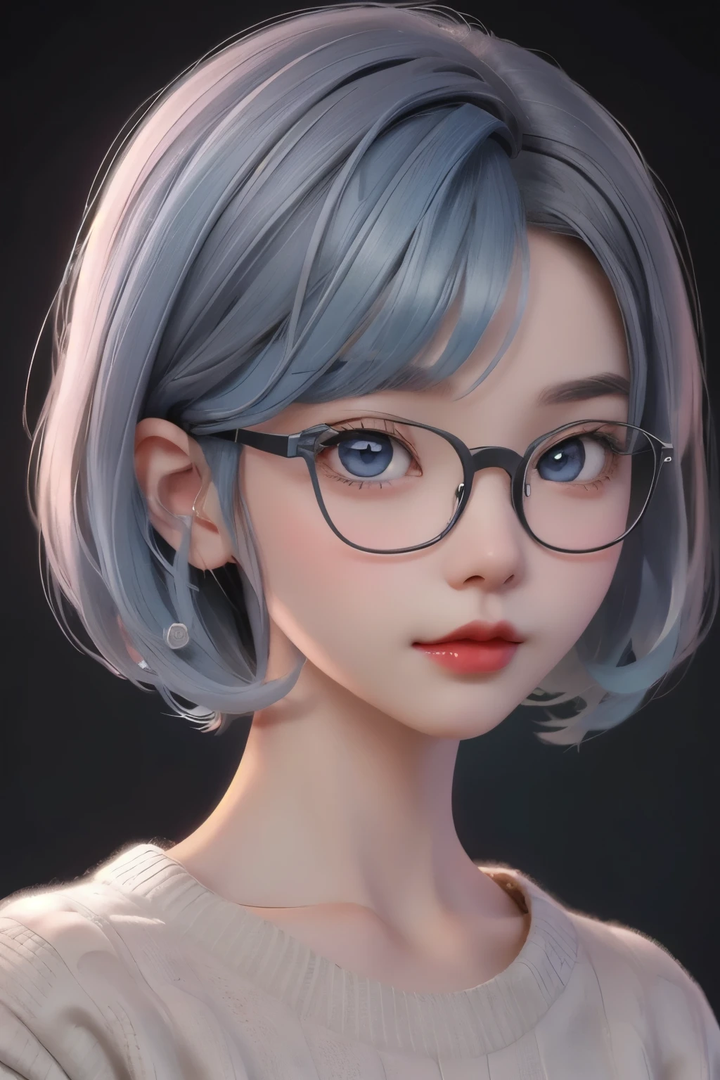 best quality, cartoon_portrait, 1girl, solo, looking at viewer, short hair, simple background,Blue  hair,  blue eyes, closed mouth, glasses, sweater, lips, swept bangs, black background, red lips, 