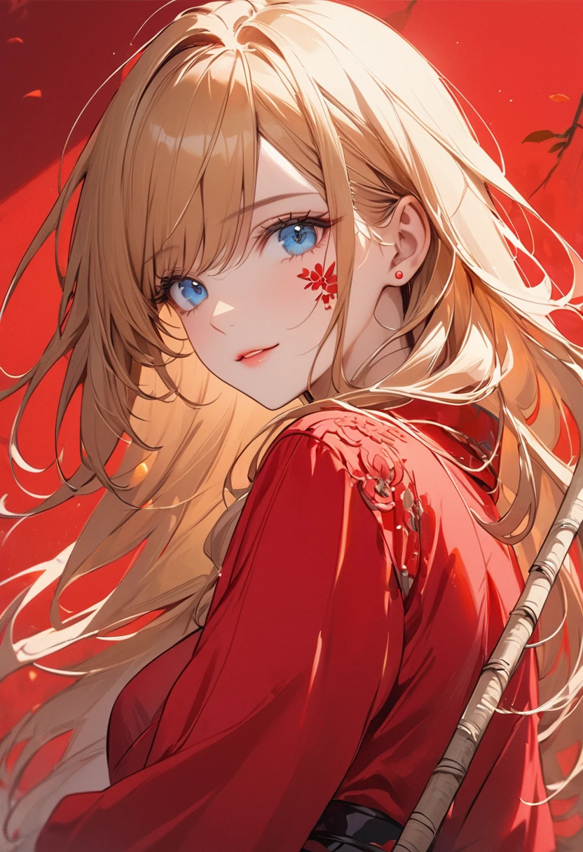 (Red Theme art),(Highest quality),(masterpiece),(1 Cheerful Girl),(alone),Delicately painted face,Girl with a beautiful face,Clear blue eyes with beautiful details,(Beautiful detailed golden hair),Stick one out'tongue,Bright atmosphere,Red fashion with beautiful details,((Red costume)),(beautiful silky blonde:1.3),Pink Flower,Pure white skin,Beautiful artistic illustration,Red Theme,Beautiful smile,(From the side),(A mischievous child sticking out hitongue),Cowboy Shot,Bright colors,Soft gradient,pastel,Lens flare,(Glitch Art),Stained glass,garden, "Illustration of a beautiful woman in a red dress, Holding a lollipop. She should have a confident and powerful Performance. The style is pop art, Bold colors, Dot, And Popアート特有の誇張された特徴. Keep the background simple and light, Focus on the woman's posture, Performance, And Pop."