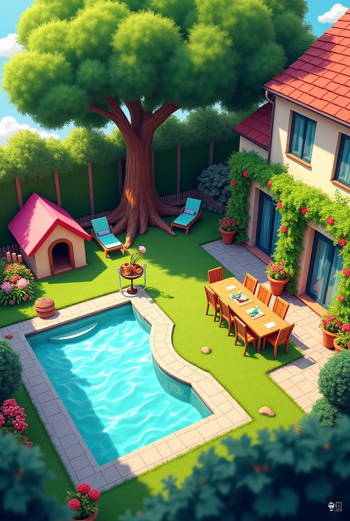 A large backyard with a swimming pool with 3 sun loungers in the left corner, a dog house right next to it, a bouncy castle with two flowery swings in the left corner, a small bathroom in the middle, in the other corner, two showers in the right corner, a table for 12 people with a large tree on top, a flower pot on the wall, and a weeping grove on this side, near the house, with support material. 