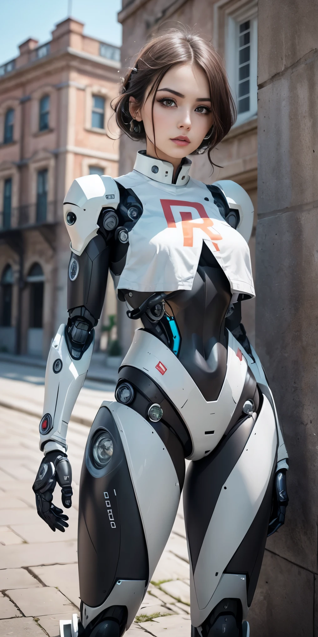 There is a woman in a robot suit posing next to an ancient building, Beautiful white girl half cyborg, Cute cyborg girl, Beautiful girl cyborg, Perfect Robot Girl, Cyborg girl, Young cyborg grady, Beautiful Female Robot, Beautiful robot woman, cyborg girl, perfect cyborg female, porcelain cyborg, Female robot, Beautiful cyborg images camisa preta 