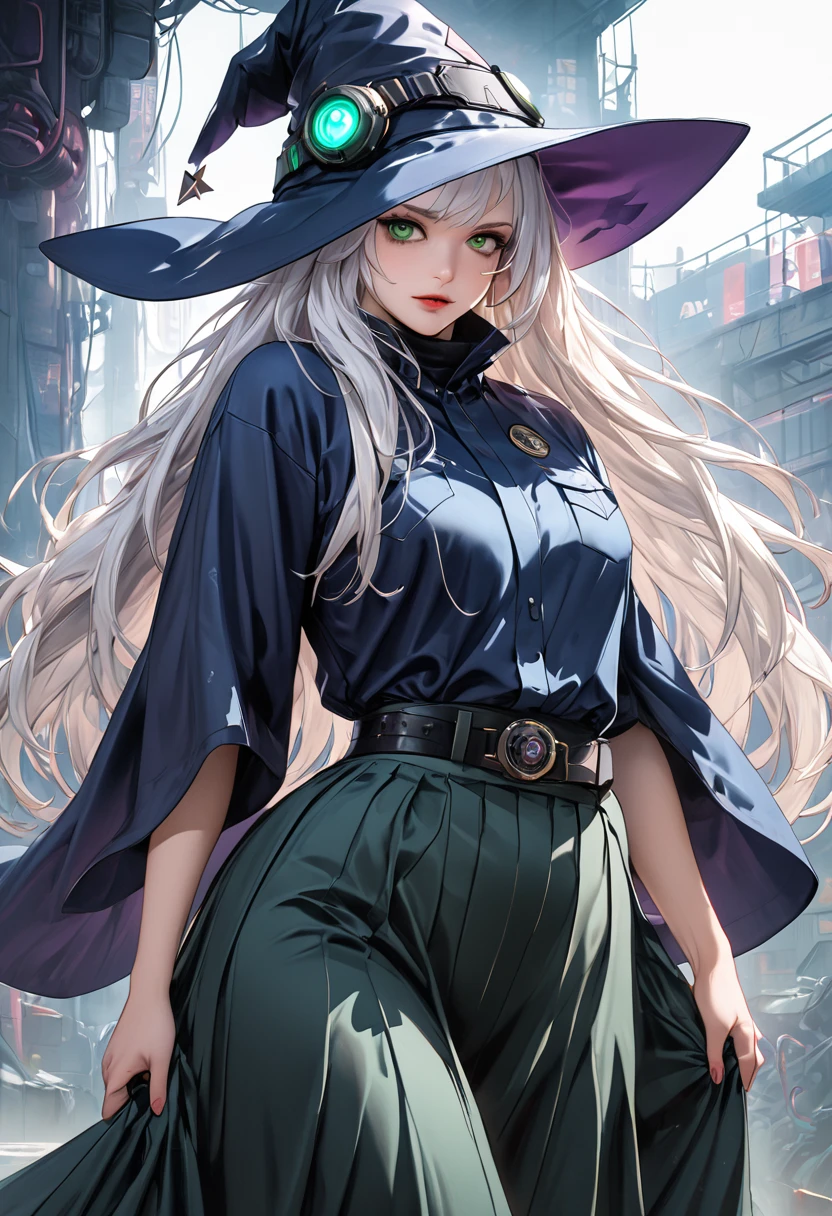 1woman, tall, best quality, ultra-detailed, extremely detailed CG, perfect anatomy, detailed, ((black robe)), ((long skirt)), (blue cape), very long white hair, green eyes, Witch Hat, cyberpunk, latex