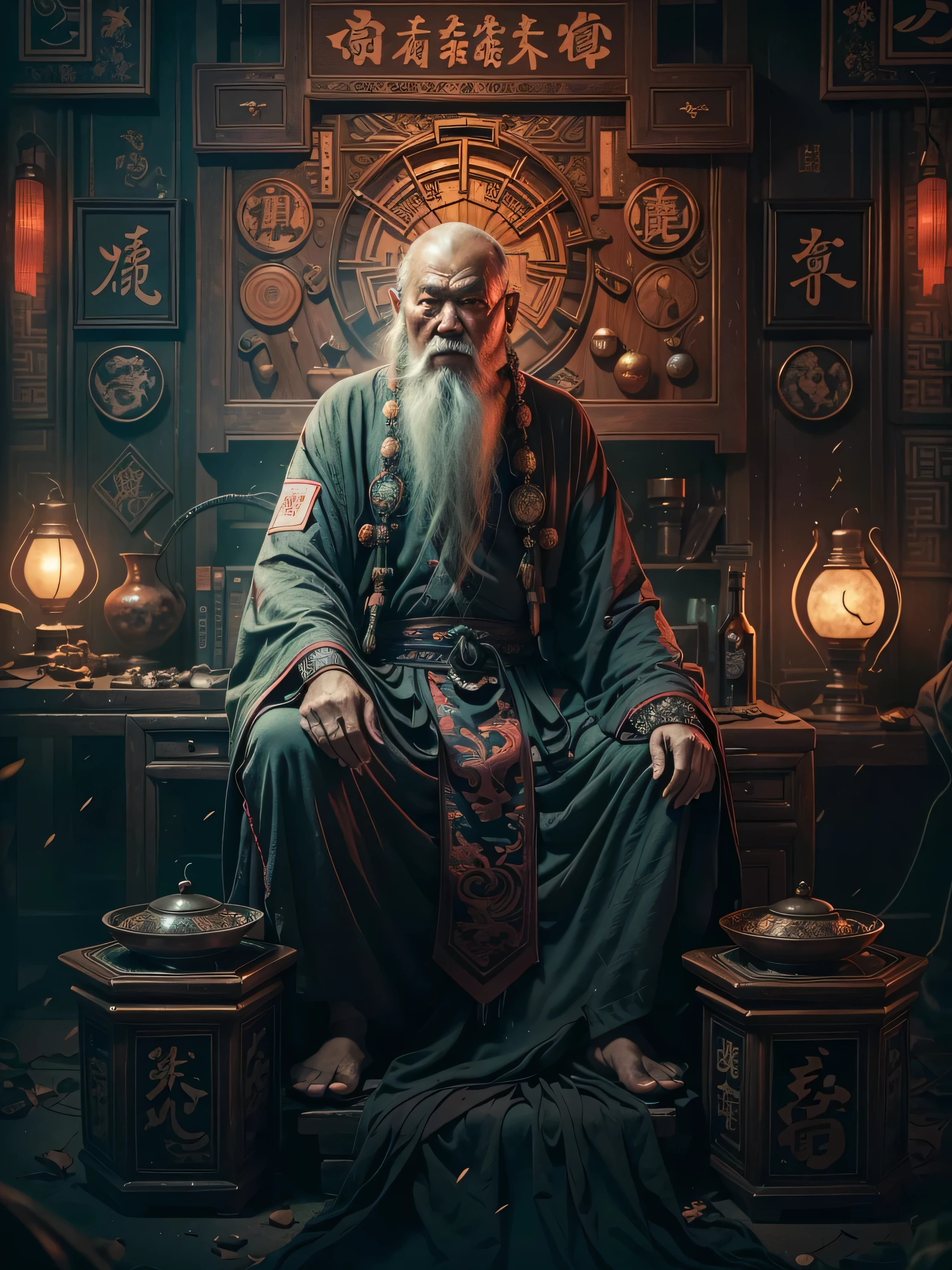 (((Masterpiece))), Best Quality,realistic perspective, High-resolution photograph,realistic details,sharp focus, A mysterious and wise old Chinese man with a long white beard sits in a small, dimly lit room. The room is decorated in a Chinese cyberpunk style, blending traditional elements like yin-yang symbols and dragon motifs with futuristic, neon-lit cyberpunk interior design. The atmosphere is mystical and shady, with hints of magic in the air. The man wise chinese man is in thinking, exuding an aura of deep wisdom and hidden knowledge(extremely intricate:1.3),4k, 8k