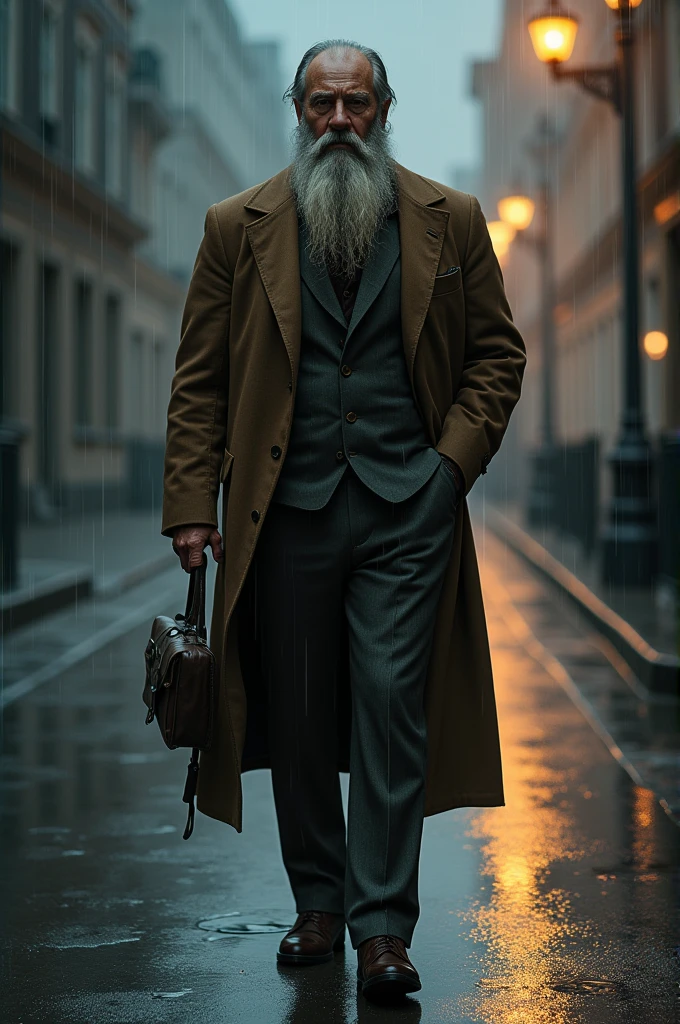 Create an image of a man with a very long beard and a brown suit walking on the road at night in the rain