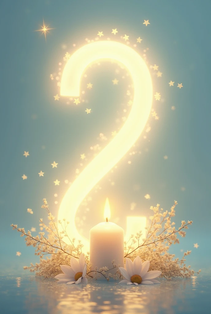 Create an image divided into two parts that complement each other. At the center, Highlight the number "2" stylised, with a slight glow around. Design should include Catholic elements, like two lit candles, symbolizing unity and faith, placed next to the number "2". Add delicate details like small flowers or stars around the candles, reinforcing the idea of duality and partnership. The background must be harmonious, using soft shades of sky blue and gold, creating a sense of continuity from the first month. Each half of the image should be meaningful in its own right., But Together, they reveal the connection and harmony between the two.