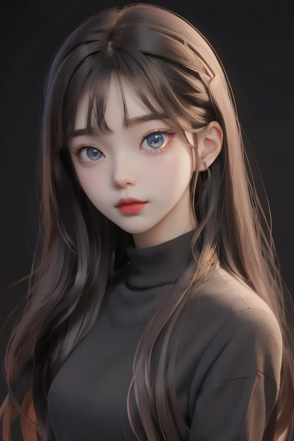 best quality, cartoon_portrait, 1girl, solo, looking at viewer, long hair, simple background,brown  hair, blue eyes, closed mouth,   lips, swept bangs, black background, red lips, 