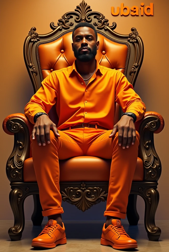 A man sit on a king chair andhe wear a orange shirt and orange jeans and background is a wall and type"UBAID"ON WALL