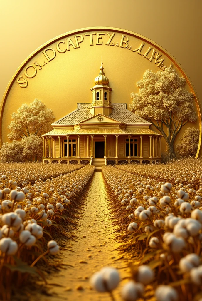 COTTON PLANTATION PRINTED ON GOLD COIN,all in GOLD, photo without background