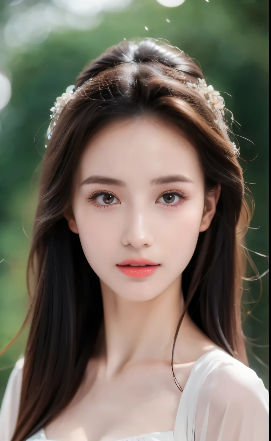 ((best quality, 8k, masterpiece: 1.3)), Concentrate upon: 1.2, perfect body beauty: 1.4, hip: 1.2, ((layered haircuts)), (wet clothes: 1.1), (rain, distance:1.3), (chest: 1.2), (Hanfu: 1.2), bare shoulders, bare legs, Highly detailed face and skin texture, good eyes, double eyelid, White skin, long hair, (shut up: 1.5), (bokeh background: 1.5), Big chest