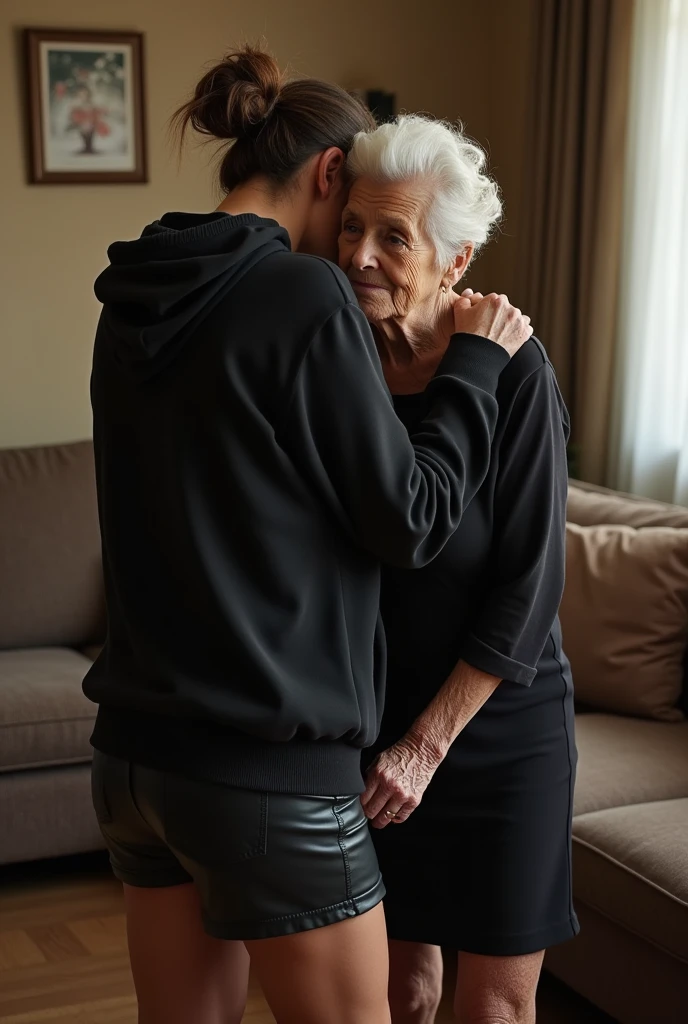 black woman hair in a bun black hoodie black leather short shorts getting fucked in the ass by a old age white grandma in a dress in a living room
