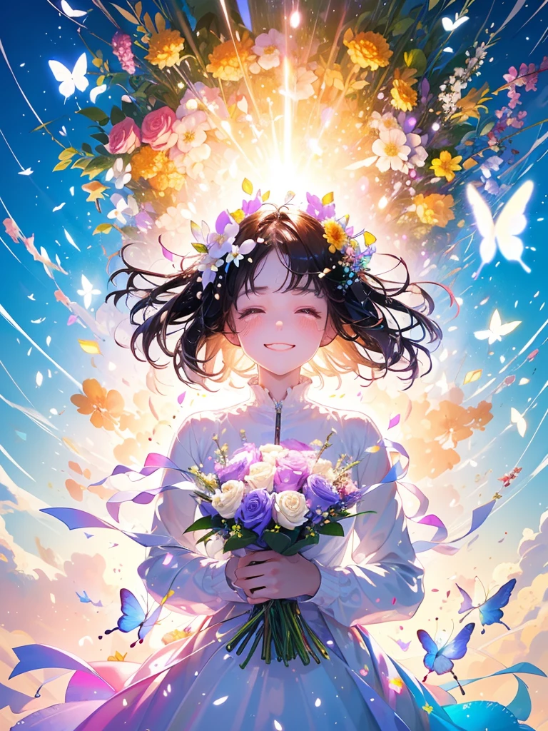 (masterpiece、Highest quality、Highest quality、Beautiful and beautiful:1.2)、(Perfect ???????:1.2)、Milky white straight hair girl、Butterfly Fairy、Floral costume、A radiant smile、Look up at the sky and close your eyes、pray。、Flowers and leaves on head、Holding a bouquet、Rose Garden、A single tear、Tears of joy