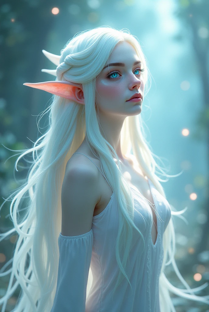 Crie a soraka do league of legends, albino skin, without the horn on the forehead, blue colored eyes, light and braided hair 