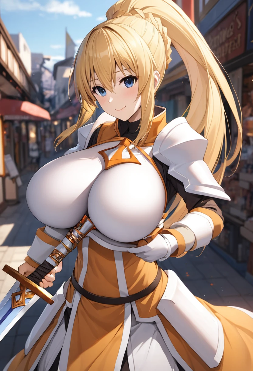  (1girl:1.2), (solo:1.3), 22yo, blue eyes, (masterpiece) 1.3, (an extremely delicate and beautiful art) 1.3, (active angle), (dynamic pose), realistic lighting and shading, (huge breasts:1.5), (wide hips:1.5), (blonde hair and KonoSuba's Darkness's ponytail hair:1.6), (smile:1.1), (KonoSuba Darkness's orange Crusader fashion and Crusader white armor:1.8), (holding a double-handed sword:1.3), (KonoSuba's Darkness:1.4), Osu Shopping Street