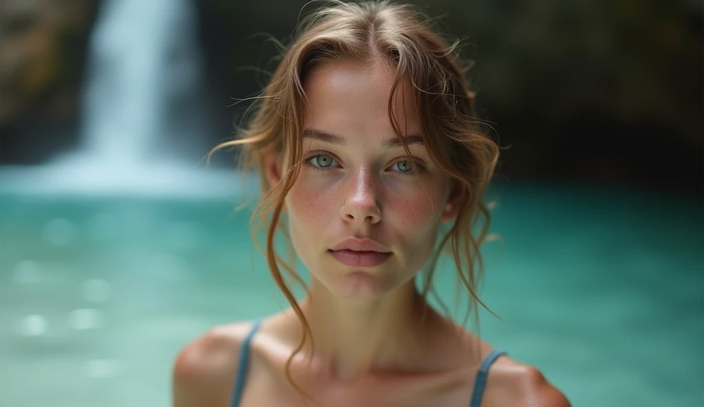 a close up portrait of a gorgeous 15 yo Danish teen girl swimming in the water, light brown hair, light green eyes, white skin, fair skin, pale skin, medium breasts, sexy, relaxed pose, perfect round soft face, very short hair, Perfect runners slim Body, wet, bikini, fashion Magazine, Cave with a Waterfall and White Sand as the background. Strange, fantasy, mysterious vibes, Celestial atmosphere, 8k, ultra high resolution, detailed skin, uhd, dslr, soft lighting