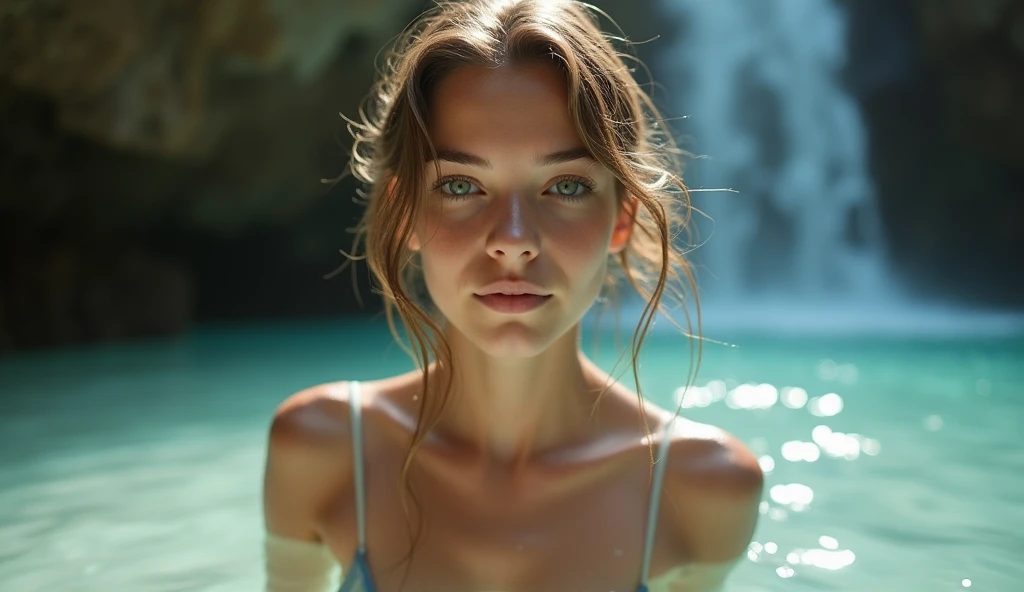 a close up portrait of a gorgeous 15 yo Danish teen girl swimming in the water, light brown hair, light green eyes, white skin, fair skin, pale skin, medium breasts, sexy, relaxed pose, perfect round soft face, very short hair, Perfect runners slim Body, wet, bikini, fashion Magazine, Cave with a Waterfall and White Sand as the background. Strange, fantasy, mysterious vibes, Celestial atmosphere, 8k, ultra high resolution, detailed skin, uhd, dslr, soft lighting
