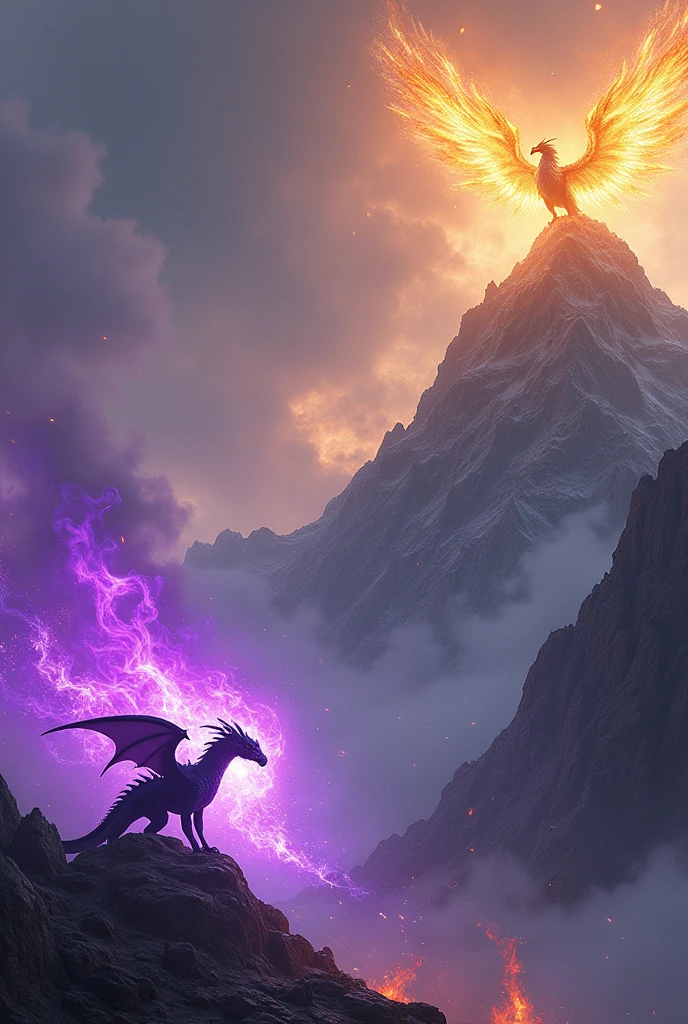 A small dragon of darkness launching an impressive attack of purple fire from the base of a mountain to a phoenix of golden flames that is at the top of the mountain 