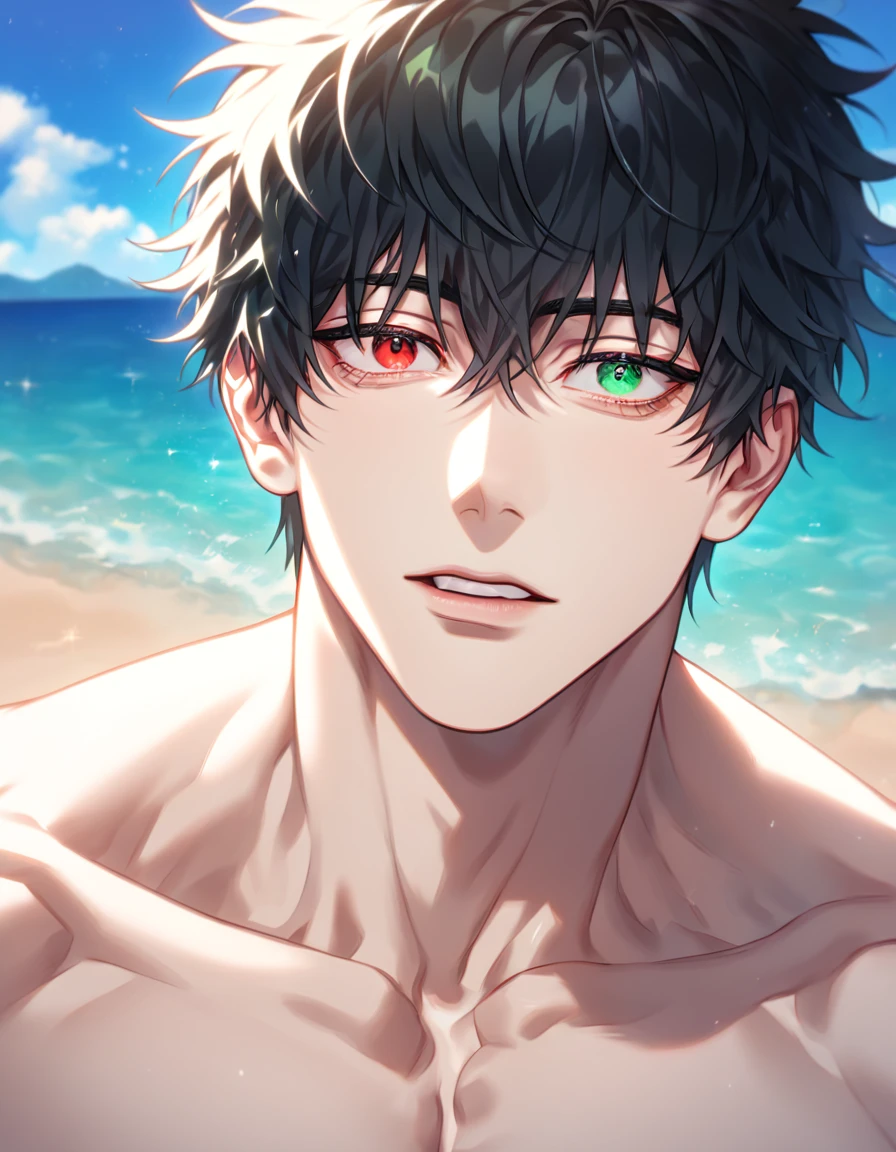 absurdres, highres, ultra detailed, HDR) master piece, best quality, extremely detailed, detailed eyes, delicated features, Kang Woojin, black hair, messy hair, heterochromia, expressive right red eye, expressive left green eye, hair between the eyes, Love Jinx, solo, sexy man, handsome, manly man, sensual, adult face, erotic, bare chest, without shirt, sea, beach, blue sky, Jujutsu Kaisen