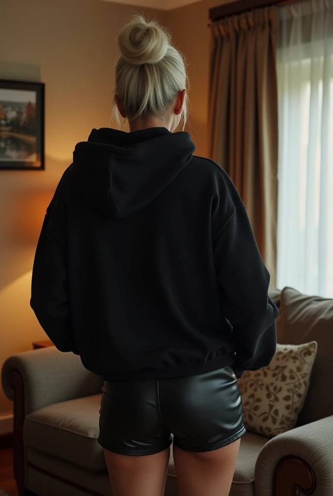 black woman hair in a bun black hoodie black leather short shorts getting fucked in the ass by a old age white grandma in a dress in a living room
