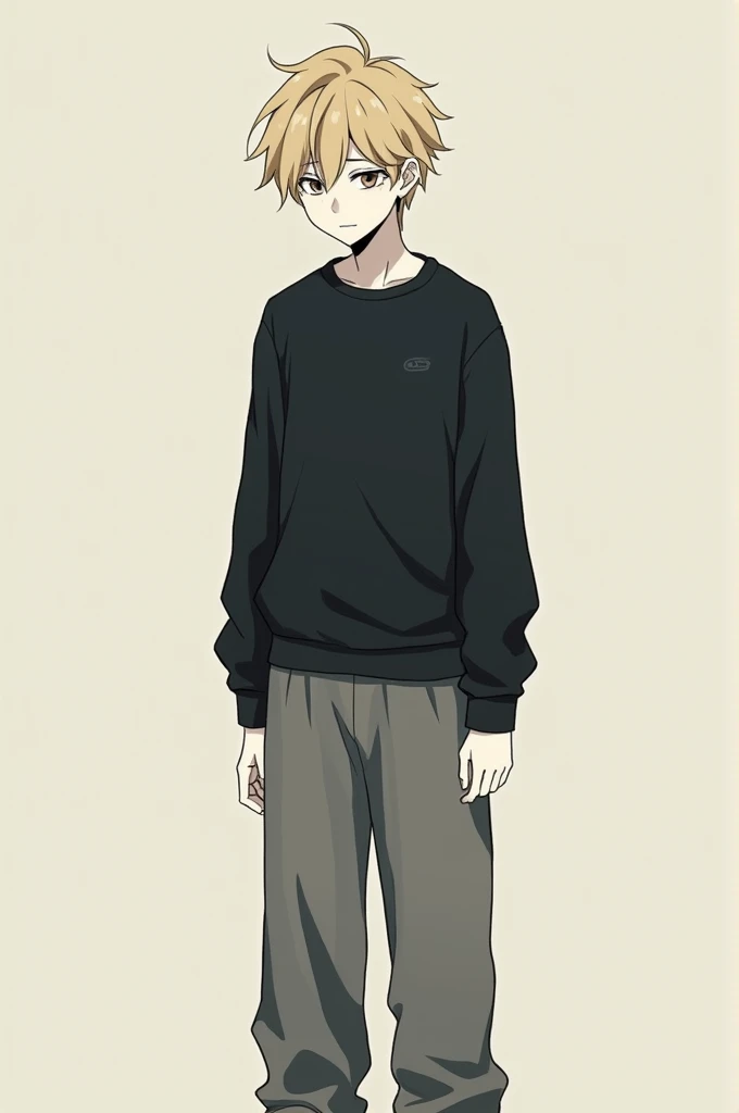 ANIME character man,
black sweatshirt,
gray wide pants,
pale white skin,
tired face,
light blonde hair,