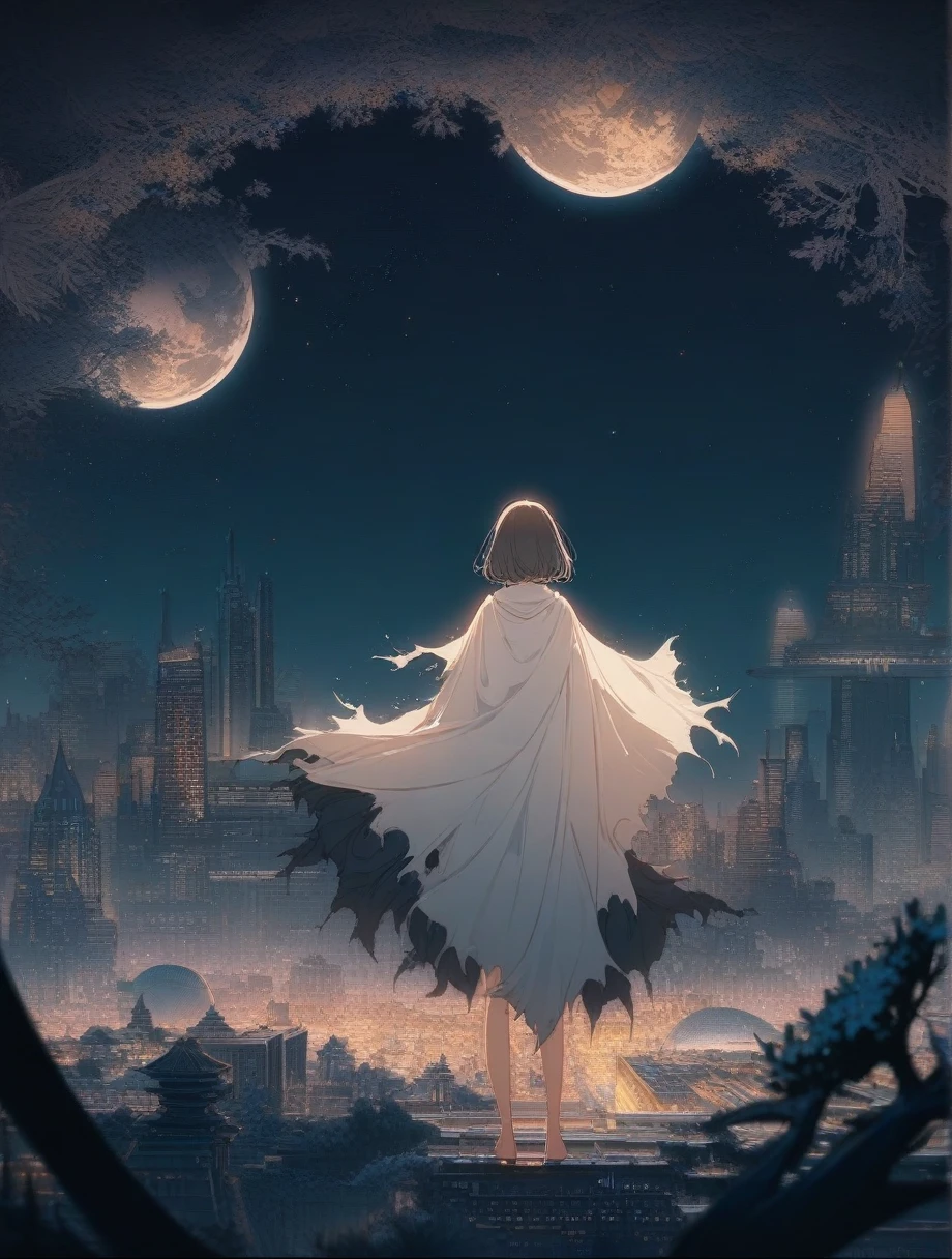 score_9, score_8_wonderful, score_7_wonderful, score_anime, masterpiece, Highest quality, Delicate illustrations, Sharp lines, Sharp focus, break, a traveling girl wandering in the endless night world, The girl is covering her body and face with a cloak、There are a lot of things in the backpack。, night , wonderful風景, Beautiful views, Harmony with Nature, wonderful景色, Space City, (((Torn Cloak))),