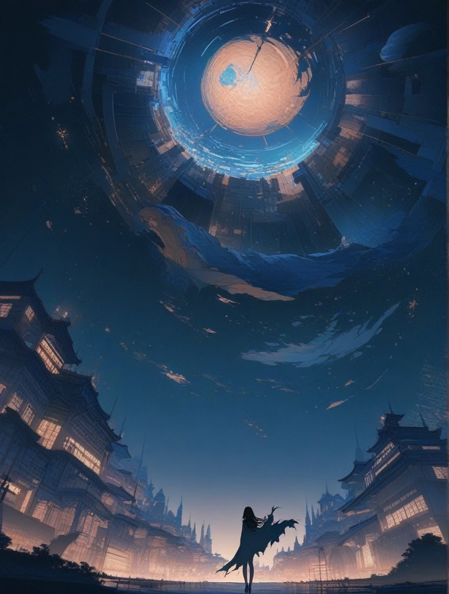 score_9, score_8_wonderful, score_7_wonderful, score_anime, masterpiece, Highest quality, Delicate illustrations, Sharp lines, Sharp focus, break, a traveling girl wandering in the endless night world, The girl is covering her body and face with a cloak、There are a lot of things in the backpack。, night , wonderful風景, Beautiful views, Harmony with Nature, wonderful景色, Space City, (((Torn Cloak))),