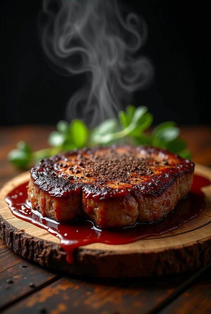 Steak Recipe Clean Photo Realistic Food, Hot and steamy, Sprinkle the pepper sauce over the steak and let it run down the sides of the steak., placed on a rustic wooden floor, placed on a dark background, Medium contrast 
