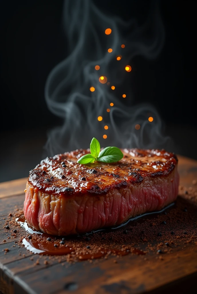 Steak Recipe Clean Photo Realistic Food, Hot and steamy, Sprinkle the pepper sauce over the steak and let it run down the sides of the steak., placed on a rustic wooden floor, placed on a dark background, Medium contrast