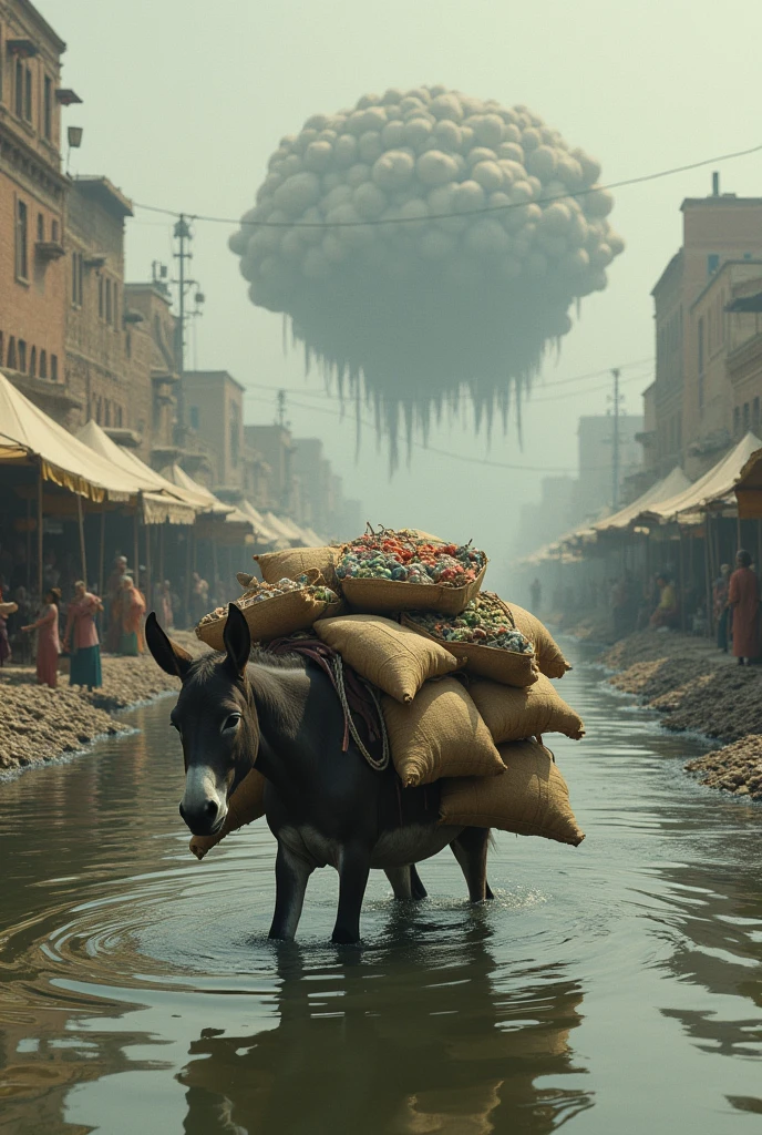 A donkey carrying many sacks sinks whole body by the river and the market sinks from the sky