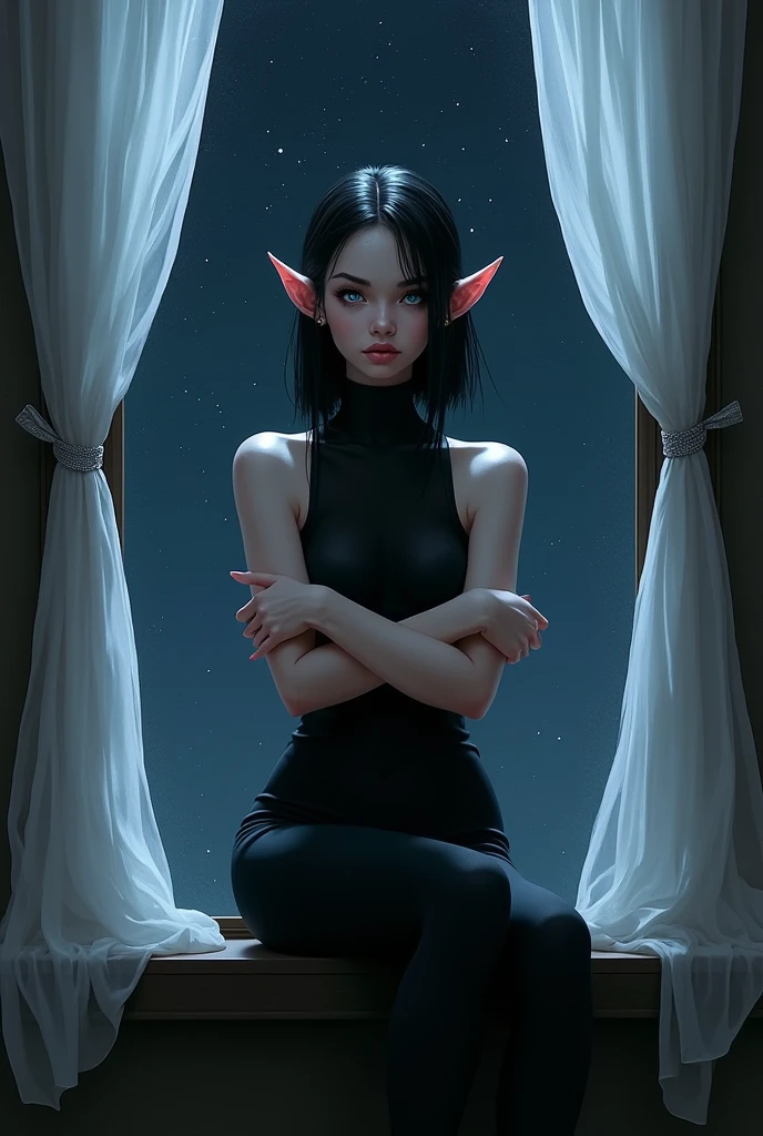 1 man, Imposing Man,Tight black clothing. pointy ears. Shoulder length black hair with only the top part pulled back behind her head. blue eyes. pointy ears como un fae. pale white skin. Digital art. Sitting on the edge of a window with the night in the background, White curtains fluttering in the night wind, arms crossed on chest, attractive and dangerous young man, dark and tense atmosphere, dim lighting, stars and moon, dark night.