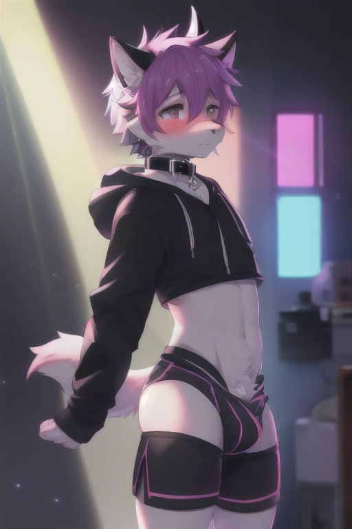 High Resolution, Best Quality, Blush, solo, Femboy, Neon, neon background, Earrings, Horns, grey fur, male kemono furry, short hair, dyed hair, fluffy tail, collar, tech wear, shirtless, shorts, arm warmers, striped black thigh highs, gothic, bulge, changing clothes, grabbing hoodie, standing, bedroom, lightly blushing, Depth Of Field, Lens Flare, Glowing Light, Reflection Light, God Rays, Anatomically Correct, From Side, Close-Up, 