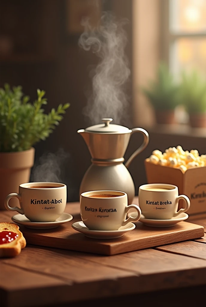 Moccapot brew coffee on to a three-layered cups. Each cup has a name printed on it says Kintat-Abol Kintat-Bereka and Kintat-Tonana. With full of coffee steam in the air. Toasted bread and jam spread on it. Popcorn with box