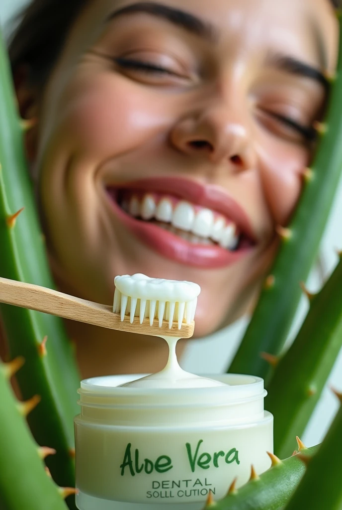 Smiling face: A person (woman or man) who is smiling with his/her teeth white and shining, in such a way that his/her smile is clean and full of confidence.

Aloe Vera Leaves: Lush green Aloe Vera leaves can be shown to show the freshness of Aloe Vera and its natural properties.

Toothbrush and Aloe Dental Cream: A glimpse of Aloe Dental Cream on a toothbrush, ready to use, to demonstrate proper use of the product.

Healthy gums: A close-up image showing healthy and pink gums