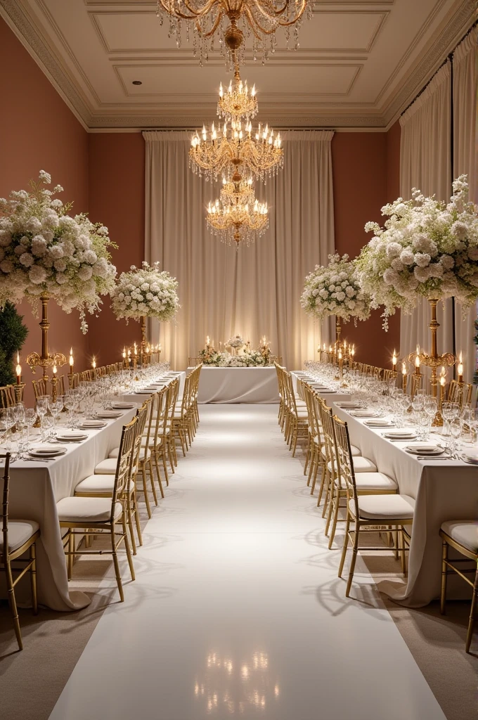 Montre moi des exemples de décoration de salle de mariage dans le thème chic, blanc dorée avec une touche de rouge
Je ne veux pas de piste de danse
Et un coin pour les mariés
Prend en compte que cela sera dans une salle des fêtes et que le budget est de 2000 e