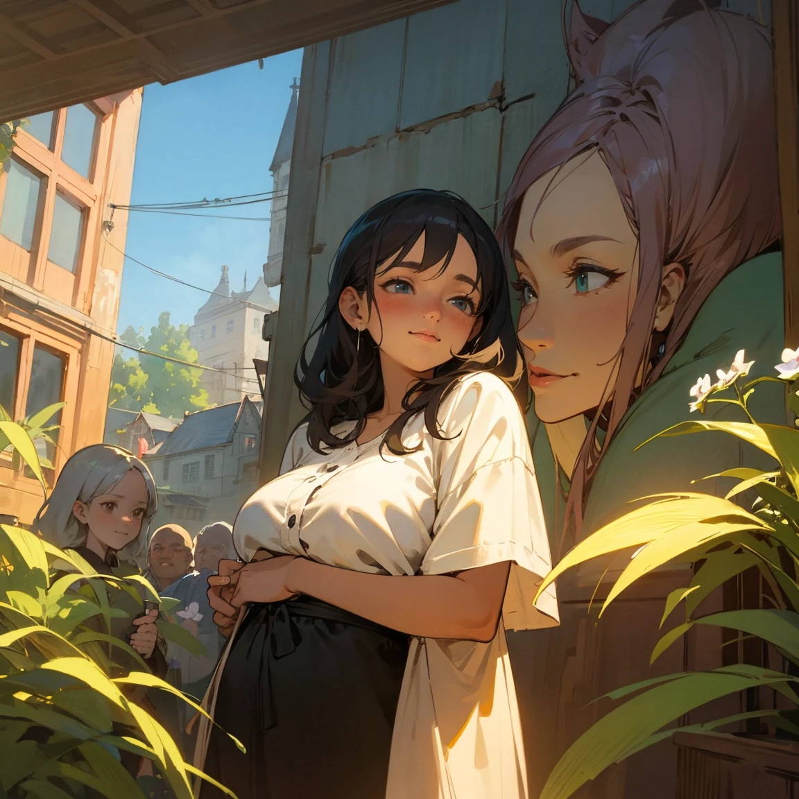 Illustrations for children's picture books,realistic, detailed illustration,A heartwarming scene in front of a charming bento shop. A plump, motherly witch in her 40s stands at the entrance, her kind eyes watching over the townspeople with a gentle smile. She's surrounded by a diverse group of happy, animated people of all ages. A soft, golden light emanates from the shop and the witch herself, spreading throughout the town like a visible manifestation of love and compassion. This warm glow touches everything - the buildings, the trees, and the faces of the people - creating an atmosphere of pure joy and community spirit. The entire scene is alive with color, movement, and a sense of magical contentment,(illustration:1.5), (Watercolor:1,2)
