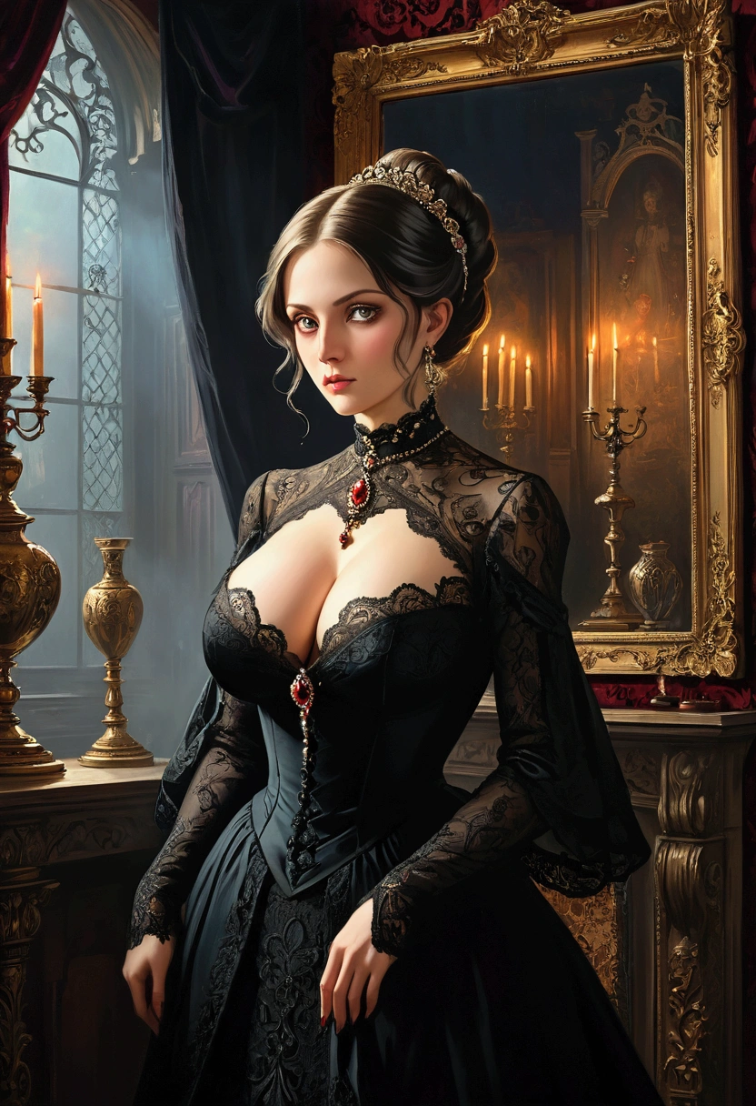 A dark and atmospheric oil painting featuring a stunning Victorian-era woman. She wears an elaborate, high-necked gown adorned with lace and intricate embroidery. Her expression is mysterious, with beautiful eyes that hint at hidden secrets. The setting is a dimly lit, gothic interior, with heavy velvet drapes, a grand fireplace, and an ornate, antique mirror reflecting the flickering light of a candelabrum. Shadows loom in the corners, and the air seems thick with an otherworldly presence, giving the scene an occult and eerie feel. ((Revelating Big boobs)), sexy, detailed face