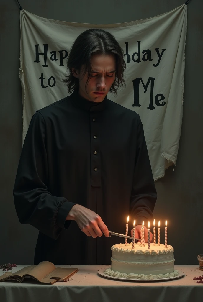 The women celebrate his birthday (alone) and his cutting his birthday cake with small knife and his face full of sadness and his background banner like a " happy birthday to me" and his waring a black dress and covered neck and full sleeve  And on the cake 20 latter number candle.