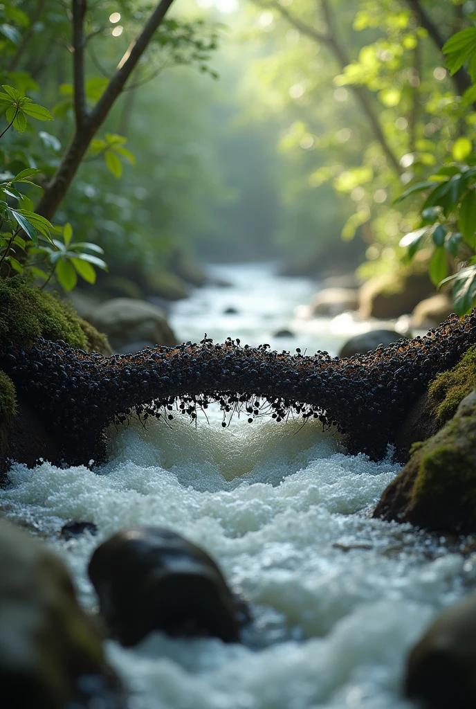 Ants hold each other cross the river