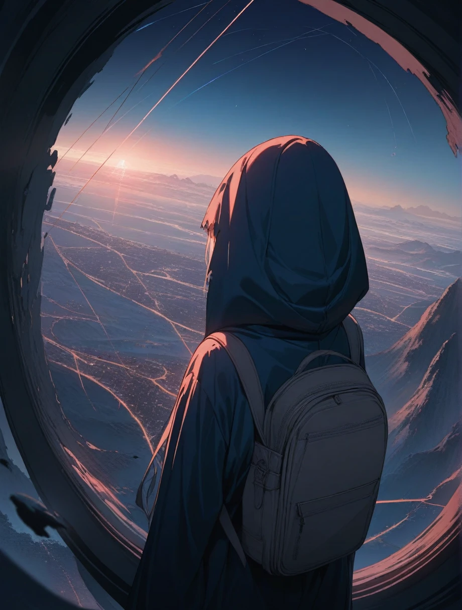 score_9, score_8_up, score_7_up, score_anime, masterpiece, top quality, delicate illustration, sharp lines, sharp focus, BREAK, a traveling girl wandering in the endless night world, the girl wears a hood and has a lot of stuff in her backpack, night , fantastic landscape, beautiful scenery, harmony with nature, spectacular view, space city, (((torn clothes))), (((torn hood))),serafuku