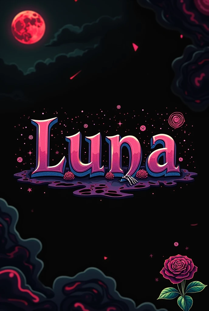 High resolution, logo spelling swiftly “Luna” cool, brand logo, logo for tshirt, brand logo “LUNA”, neon vibes, acid trip vibes, acid trip, shooting stars, acid trip inside “LUNA”, acid trip, hallucinations inside “LUNA”, Waves of hallucinations, Acid trip hallucinations inside “LUNA” , Waves of hallucinations inside “LUNA, splash, black roses with green leaves, blood moon, horror, skeleton hand holding rose, 