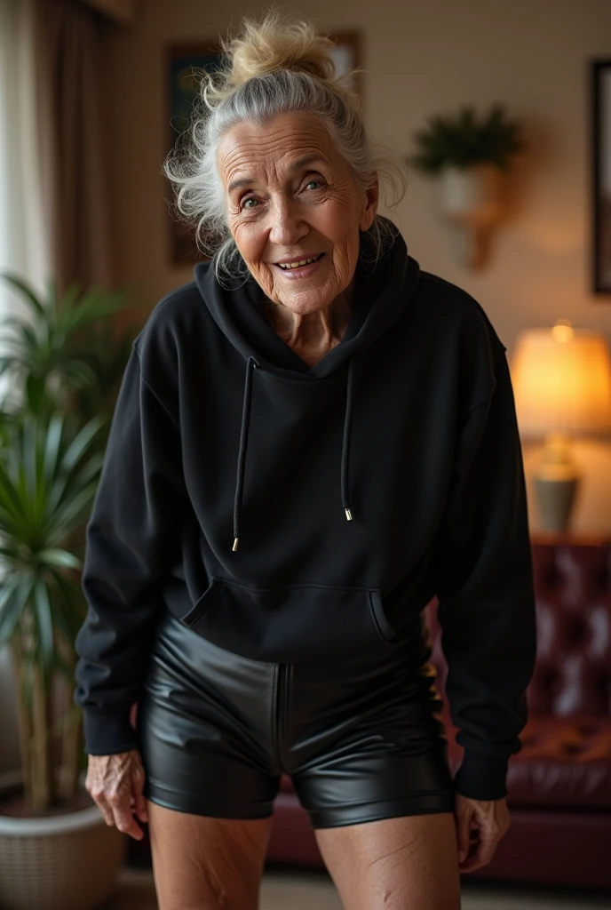 black woman hair in a bun black hoodie black leather short shorts getting fucked in the ass by a old age white grandma in a dress in a living room