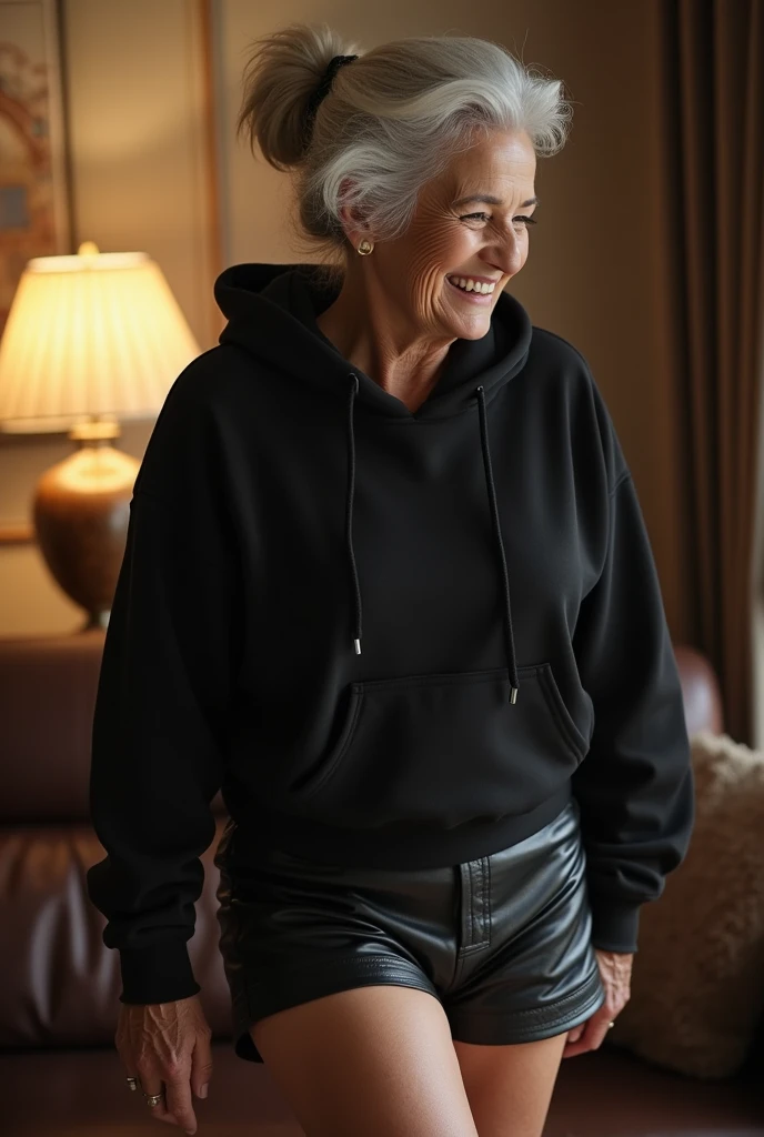 black woman hair in a bun black hoodie black leather short shorts getting fucked in the ass by a old age white grandma in a dress in a living room