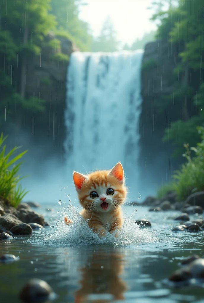 Rainwater flowing into the river, Kitten hit by waterfall,