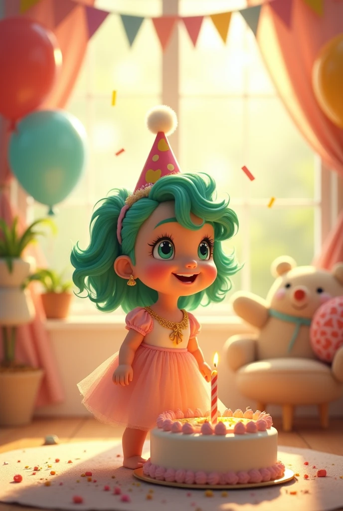 a little baby girl with green hair named lulu celebrate her first birthday