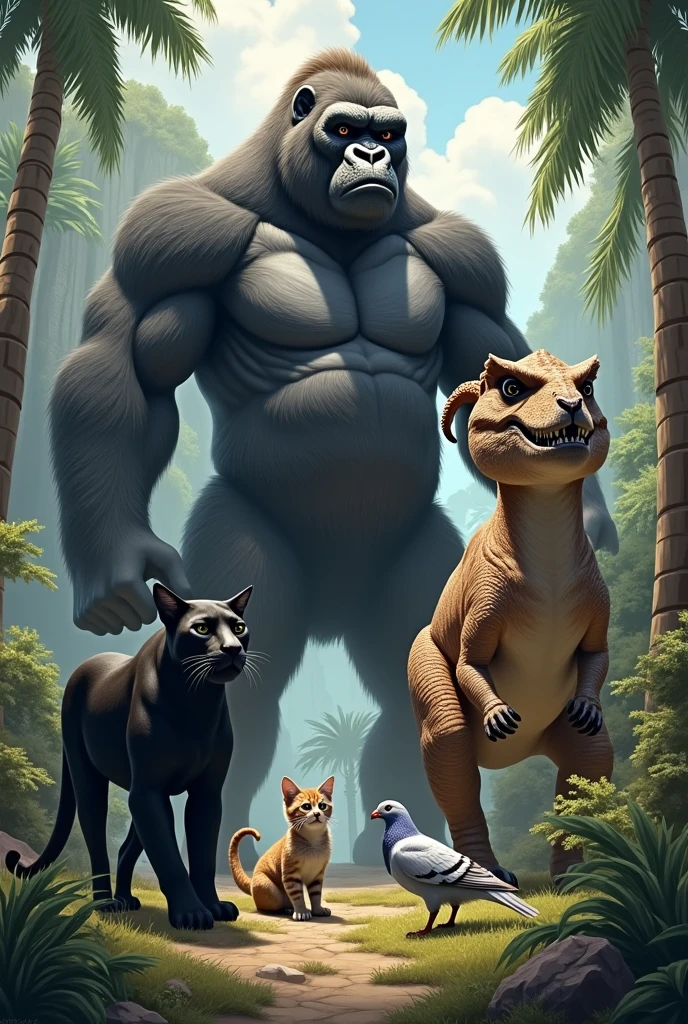 A gorilla, a big dinosaur, a black puma, a cat and a carrier pigeon together
