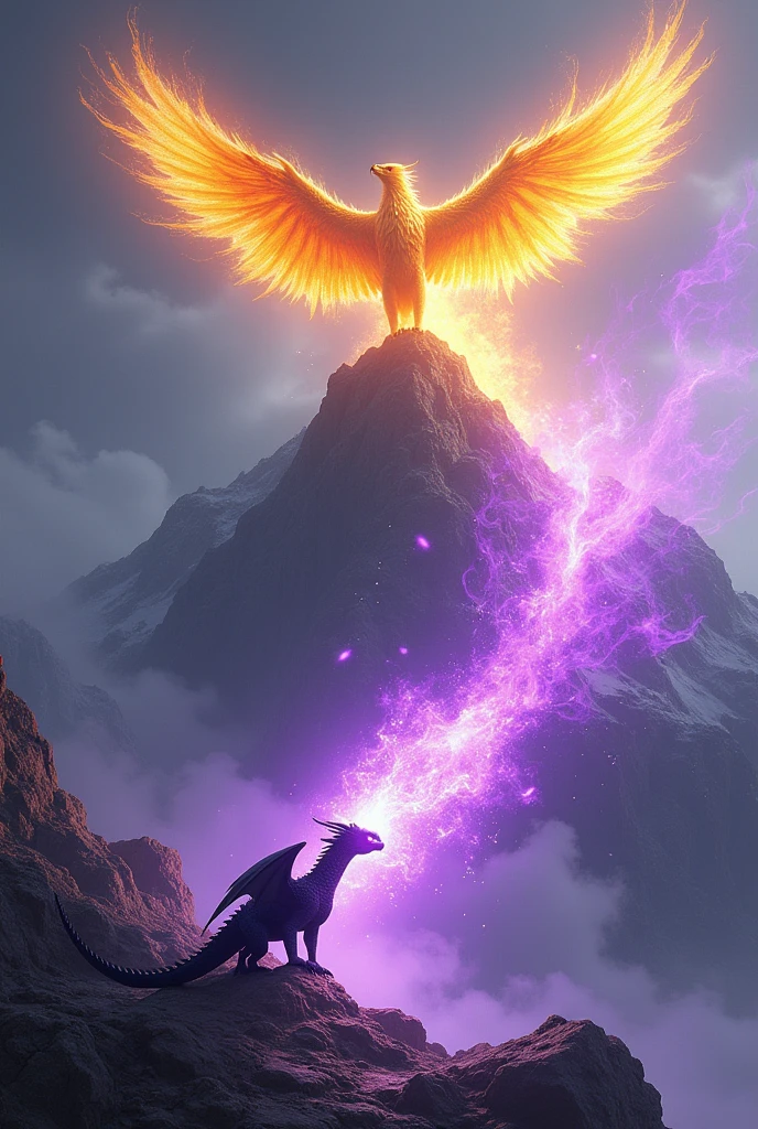 A small dragon of darkness launching an impressive attack of purple fire from the base of a mountain to a phoenix of golden flames that is at the top of the mountain