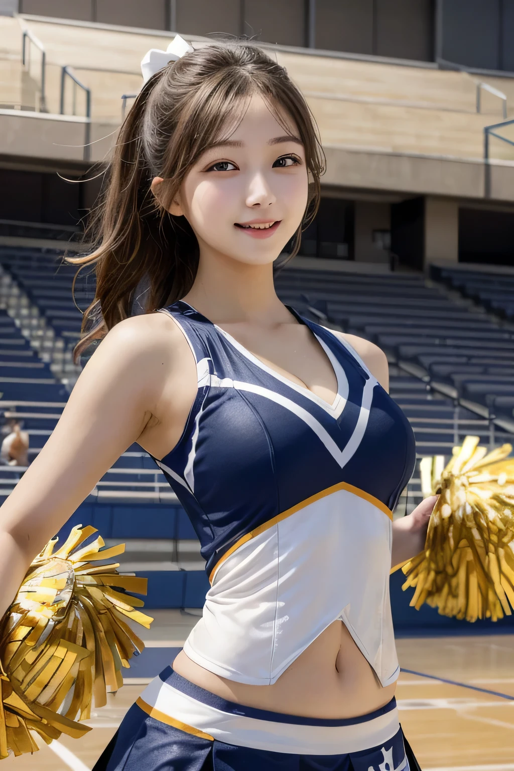 One Girl, 1 person,Highest quality,High resolution,超High resolution,8k,Realistic,Upper Body,encounter_audience,Large Breasts, the body is slim,(cheer Girl:1.2),